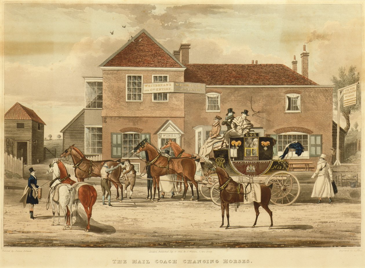 Pocztowy trener zmieniający konie, c.1825 (grawerowanie) autorstwa James (after) Pollard