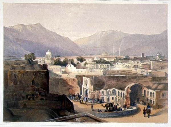 Wnętrze miasta Kandahar z domu Sirdara „Meer Dil Khaun”, brata króla Kaubulu, tablica 23 z „Krajobraz, mieszkańcy i stroje Afganistanu”, ryty przez R. Carricka (ok. 1829-1904) autorstwa James (after) Rattray