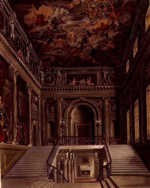 Klatka schodowa, Buckingham House, grawerowane przez Williama Jamesa Bennetta (1787-1844) z „Historii rezydencji królewskich” Williama Henry