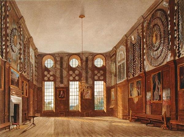Komnata Straży, Hampton Court, z „Historii rezydencji królewskich”, ryty: Richard Reeve (ur. 1780), William Henry Pyne (1769-1843) autorstwa James (after) Stephanoff