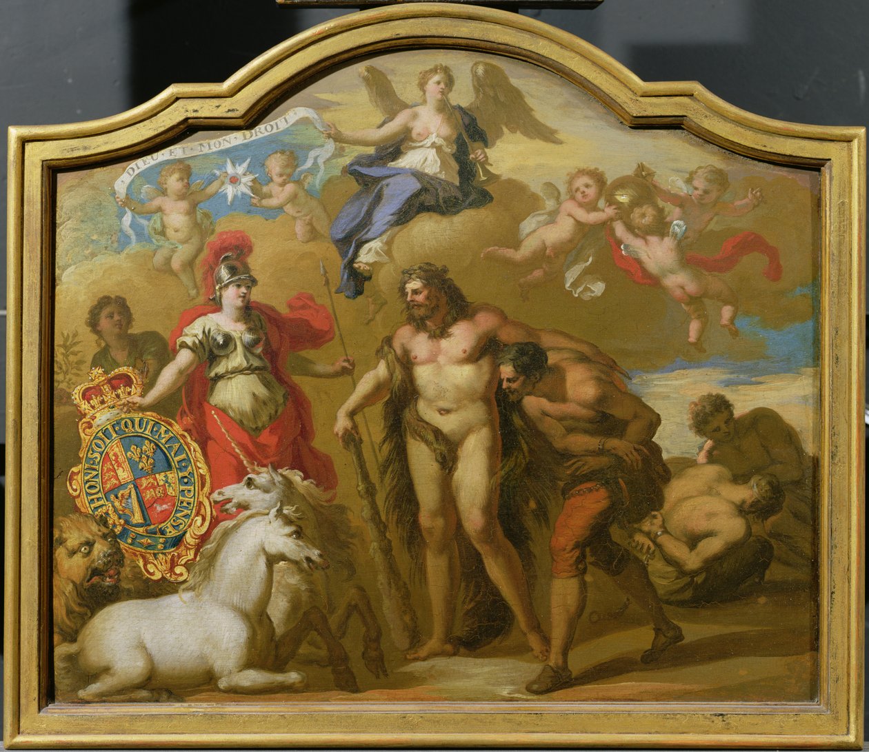 Alegoria Mocy Wielkiej Brytanii by Land, projekt ozdobnego panelu do ceremonialnego powozu Jerzego I, ok. 1718 (olej na panelu) autorstwa James (attr. to) Thornhill
