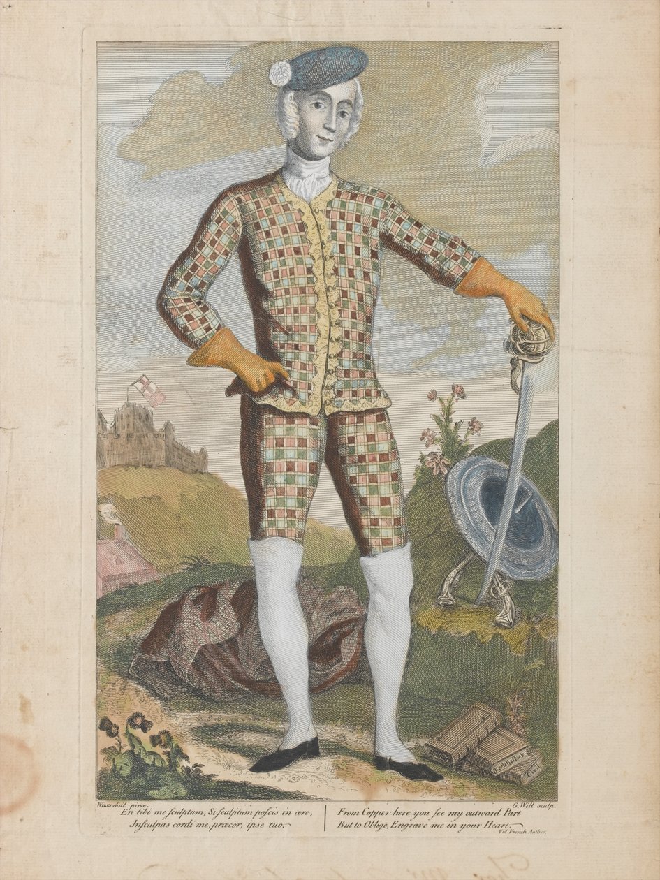 Książę Karol Edward Stuart (kolorowy grawerunek) autorstwa James (c.1692 1767) (after) Wasdail