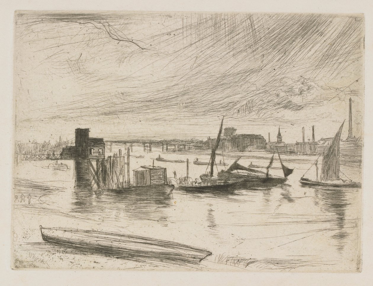 Battersea Dawn Cadogan Pier, 1863. autorstwa James Abbott McNeill Whistler