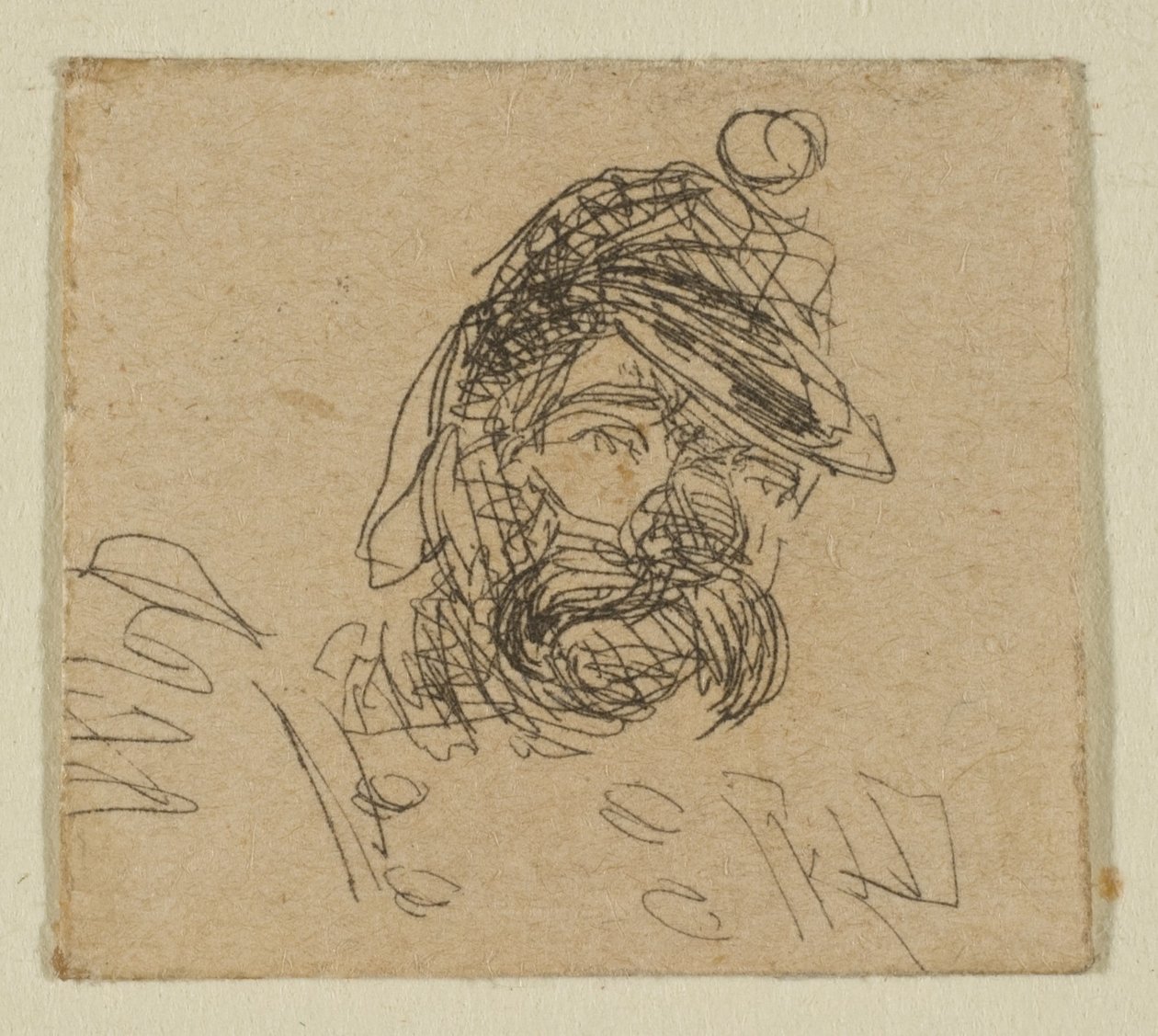 Brodaty mężczyzna w żołnierskiej czapce z „Szkiców na tablicy pomiarowej wybrzeża”, 1854-55. autorstwa James Abbott McNeill Whistler