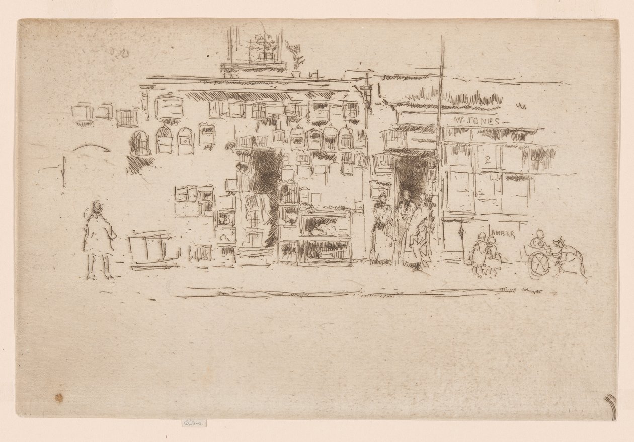 Klatki dla ptaków, Chelsea, ok. 1886-88 (akwaforta; tusz na papierze) autorstwa James Abbott McNeill Whistler
