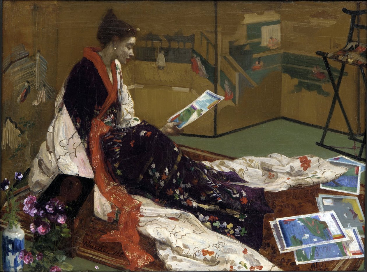 ""Caprice in purple and gold: the golden screen"" Młoda kobieta ubrana po japońsku w kimono, patrząca na grafiki - (Japanism) Obraz Jamesa Abbotta McNeilla Whistlera (1834-1903) 1864 Freer Gallery of Art, Waszyngton, Stany Zjednoczone autorstwa James Abbott McNeill Whistler