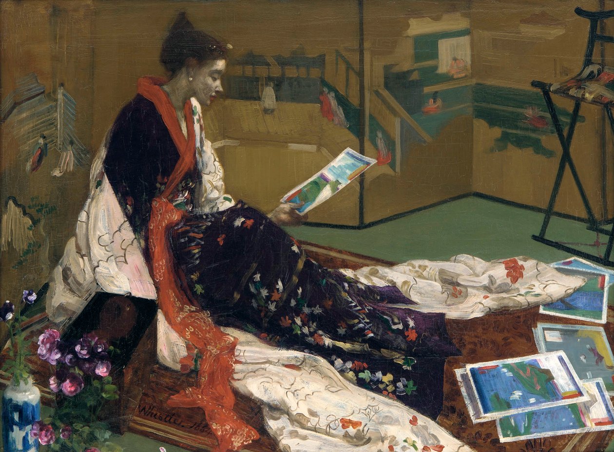 Kaprys w purpurze i złocie: Złoty ekran, 1864 autorstwa James Abbott McNeill Whistler