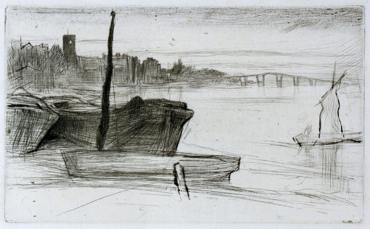 Most Chelsea i kościół autorstwa James Abbott McNeill Whistler