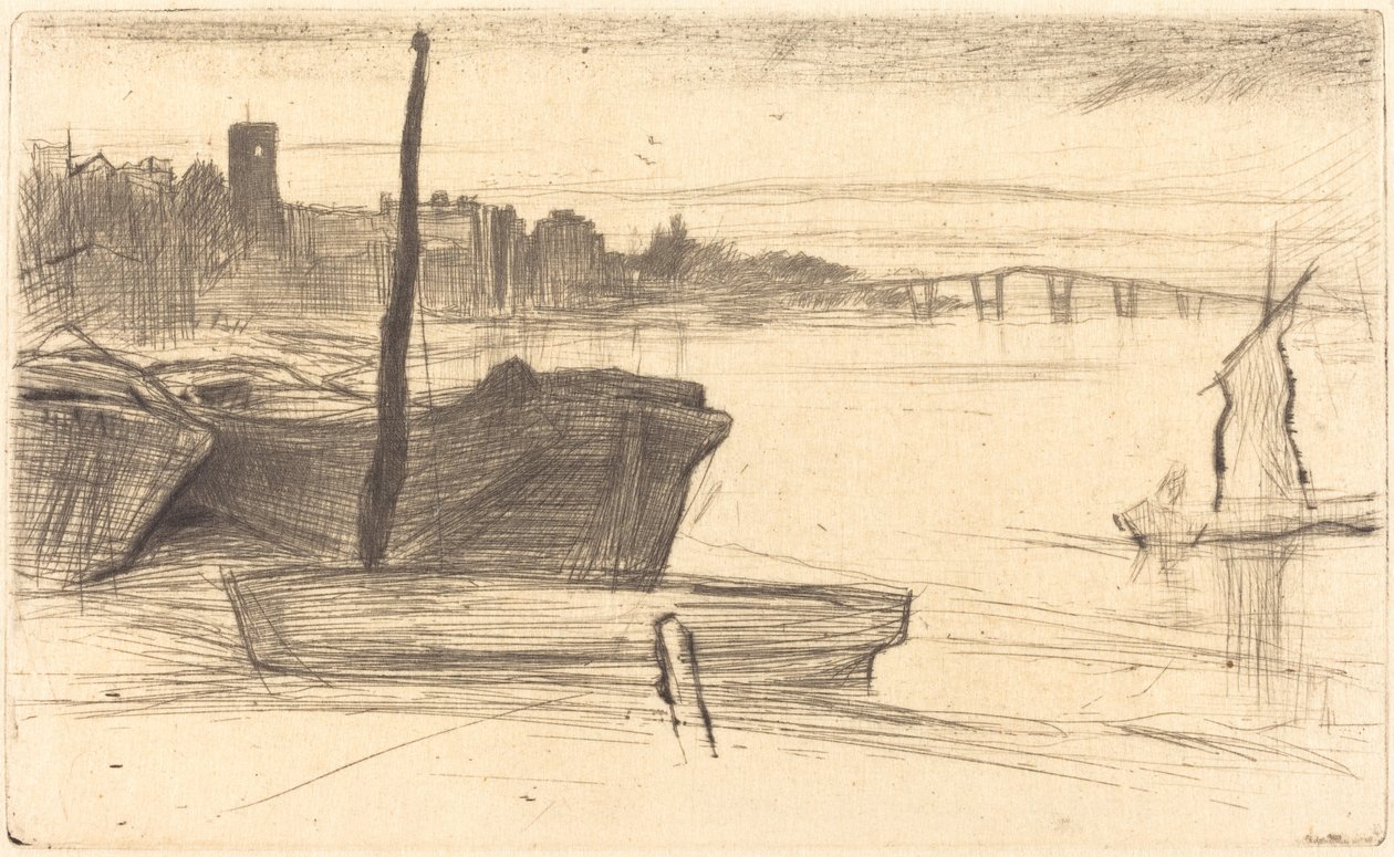 Most Chelsea i kościół, ok. 1930 r. 18701871. autorstwa James Abbott McNeill Whistler