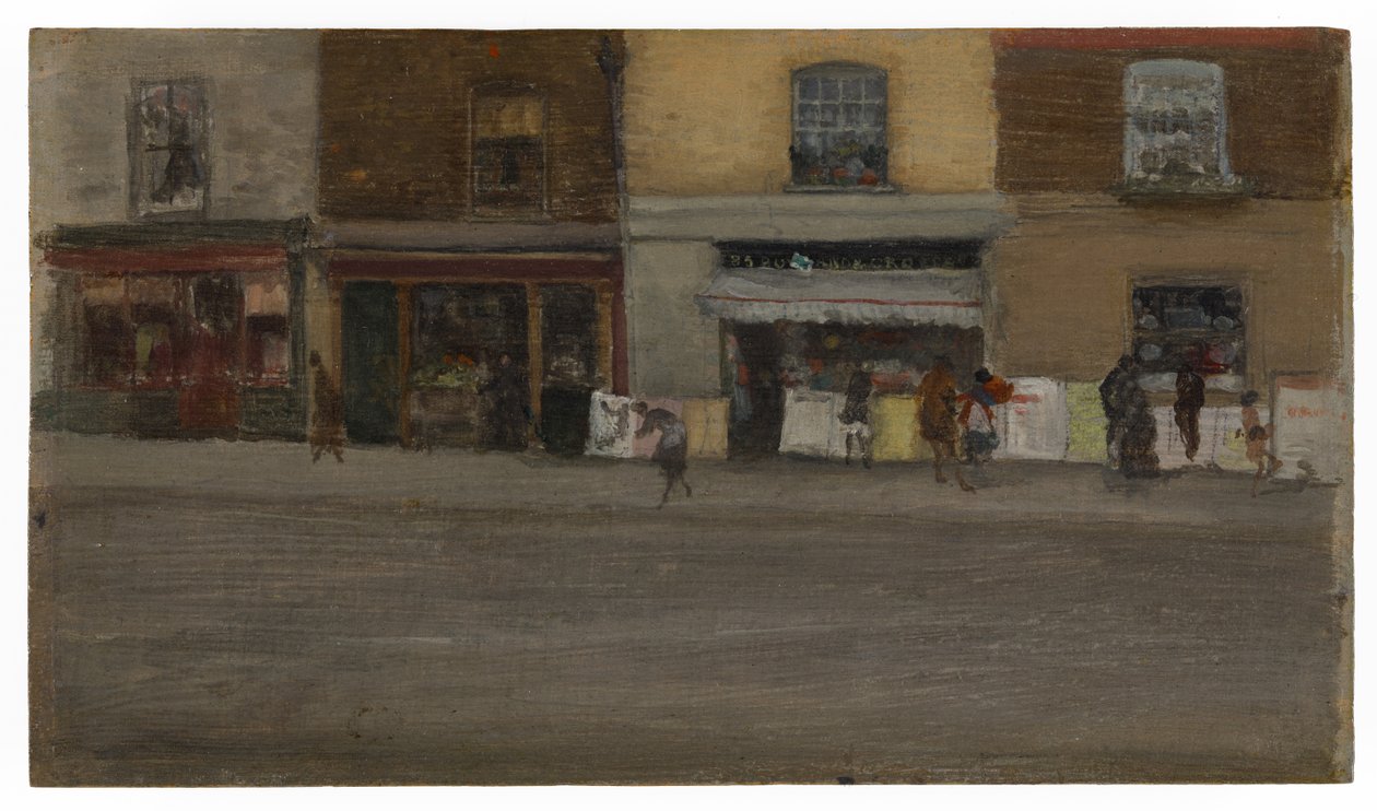 Chelsea Shops, początek lat 80. XIX wieku (olej na płycie drewnianej) autorstwa James Abbott McNeill Whistler