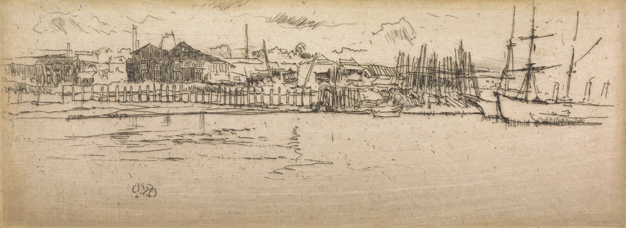 Dry-Dock, Southampton, z zestawu dwunastu akwafort zatytułowanych The Naval Review, 1887 autorstwa James Abbott McNeill Whistler