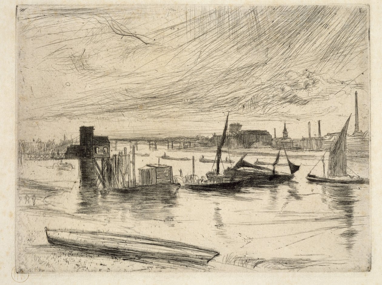 Wczesny poranek, Battersea, 1861 (sucha igła) autorstwa James Abbott McNeill Whistler