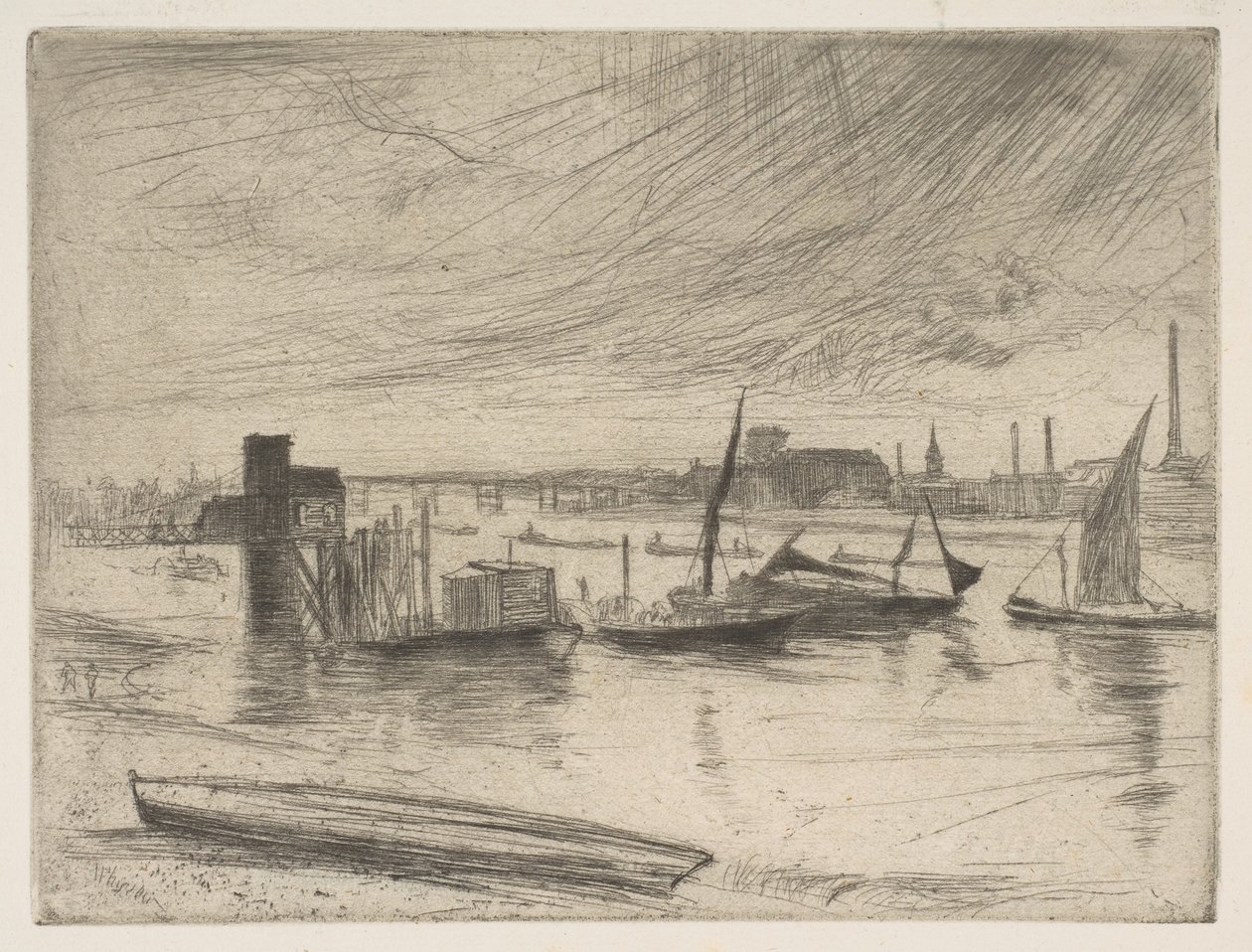 Wczesny poranek, Battersea Battersea Dawn Cadogan Pier, 1861. autorstwa James Abbott McNeill Whistler