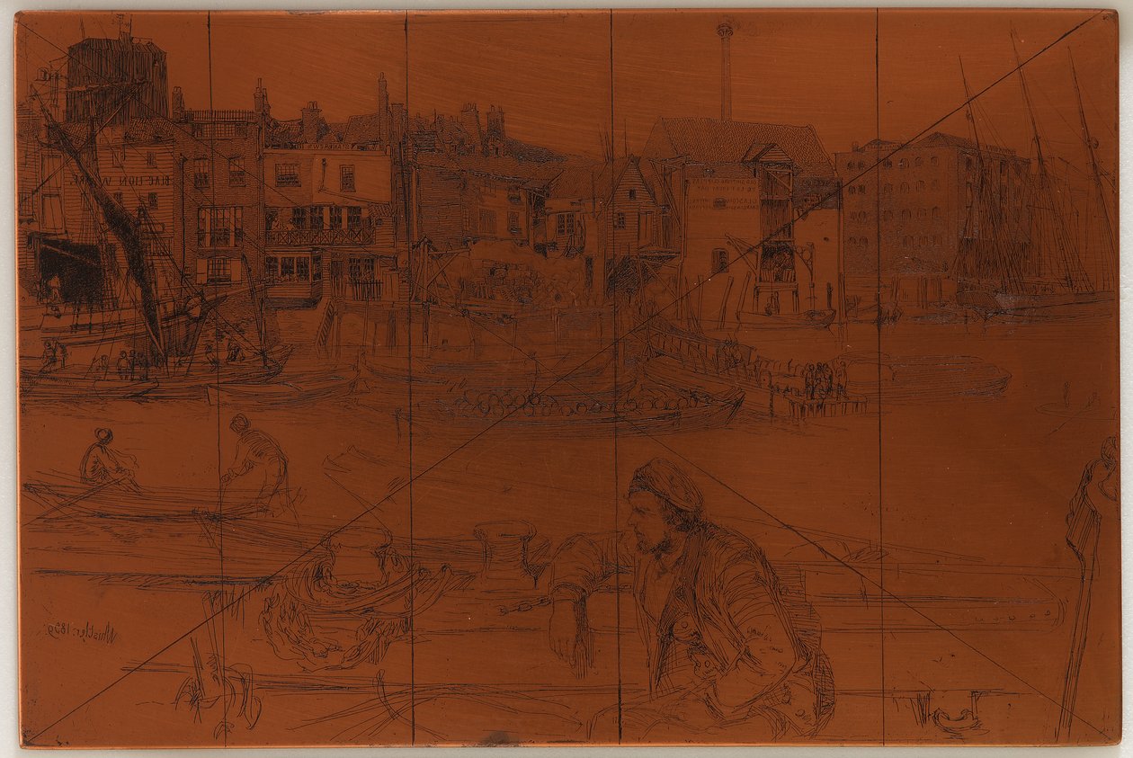 Tabliczka do akwaforty: Black Lion Wharf, 1859. autorstwa James Abbott McNeill Whistler