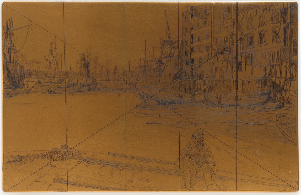Tabliczka do akwaforty: Eagle Wharf Tyzac Whiteley and Co., 1859. autorstwa James Abbott McNeill Whistler