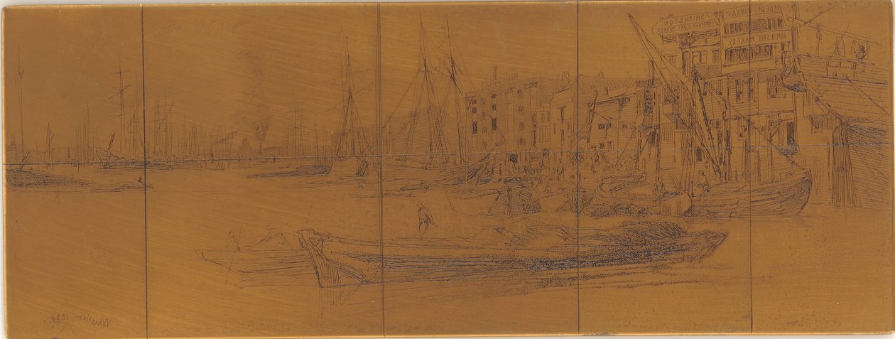 Tabliczka do akwaforty: Magazyny Tamizy, 1859. autorstwa James Abbott McNeill Whistler