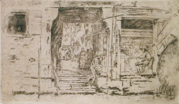 Sklep rybny, Wenecja (akwaforta) autorstwa James Abbott McNeill Whistler