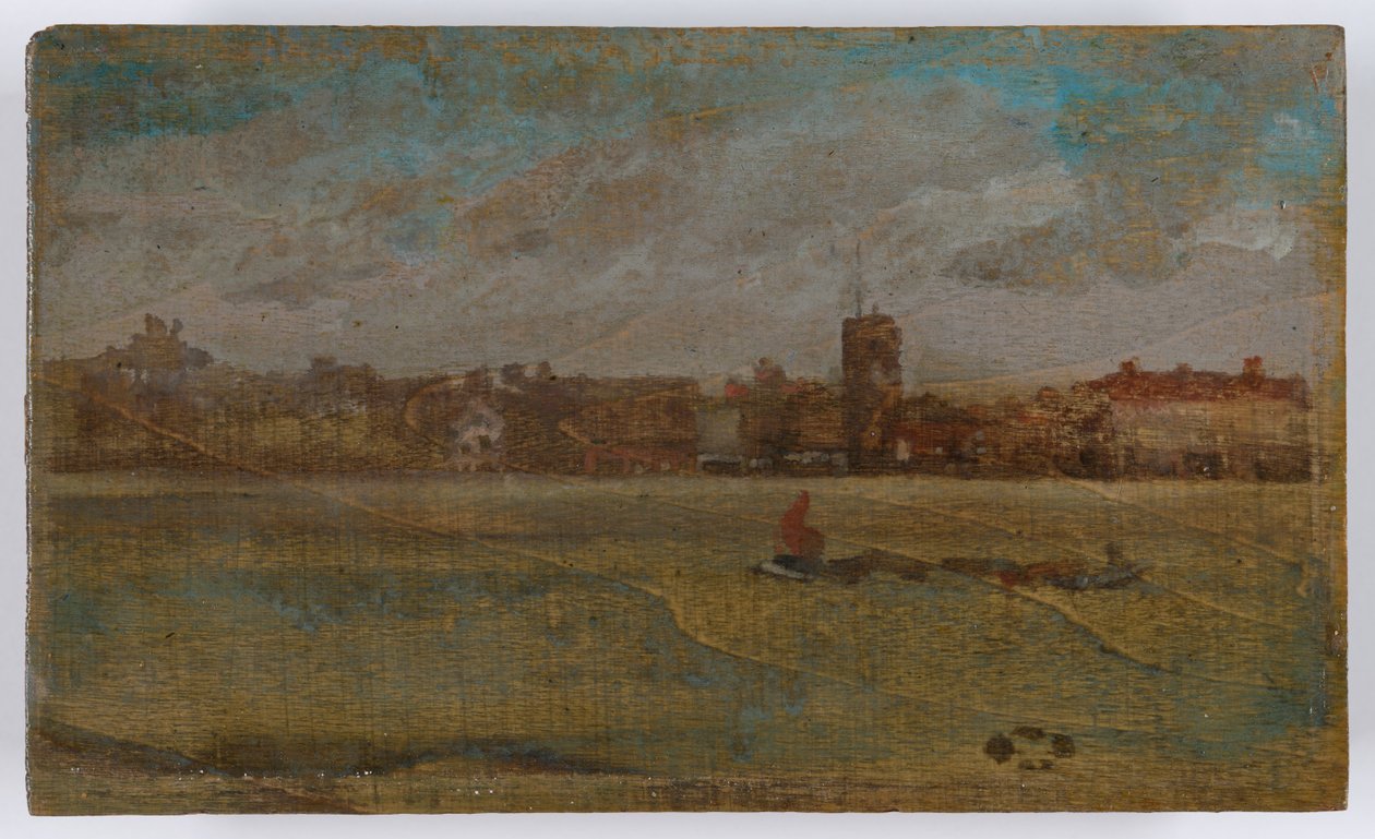 Harmonia w brązie i złocie: Old Chelsea Church, prawdopodobnie 1884 (olej na płycie drewnianej) autorstwa James Abbott McNeill Whistler