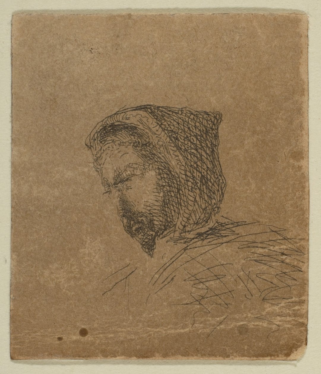 Zakapturzona głowa mężczyzny z „Szkiców na tabliczce badawczej wybrzeża”, 1854-55. autorstwa James Abbott McNeill Whistler