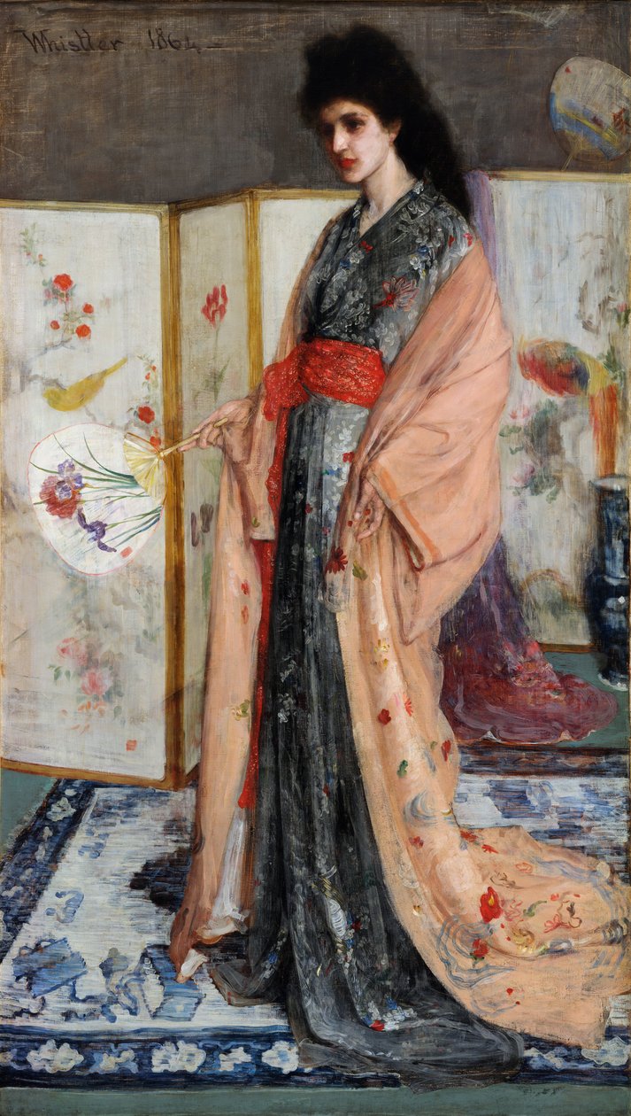 „Księżniczka z krainy porcelany” (Róża i srebro: Księżniczka z krainy porcelany) Młoda kobieta ubrana po japońsku w kimono, za nią japoński ekran (Japonisme) Obraz Jamesa Abbotta McNeilla Whistlera ( 1834- 1903) 1864 Freer autorstwa James Abbott McNeill Whistler
