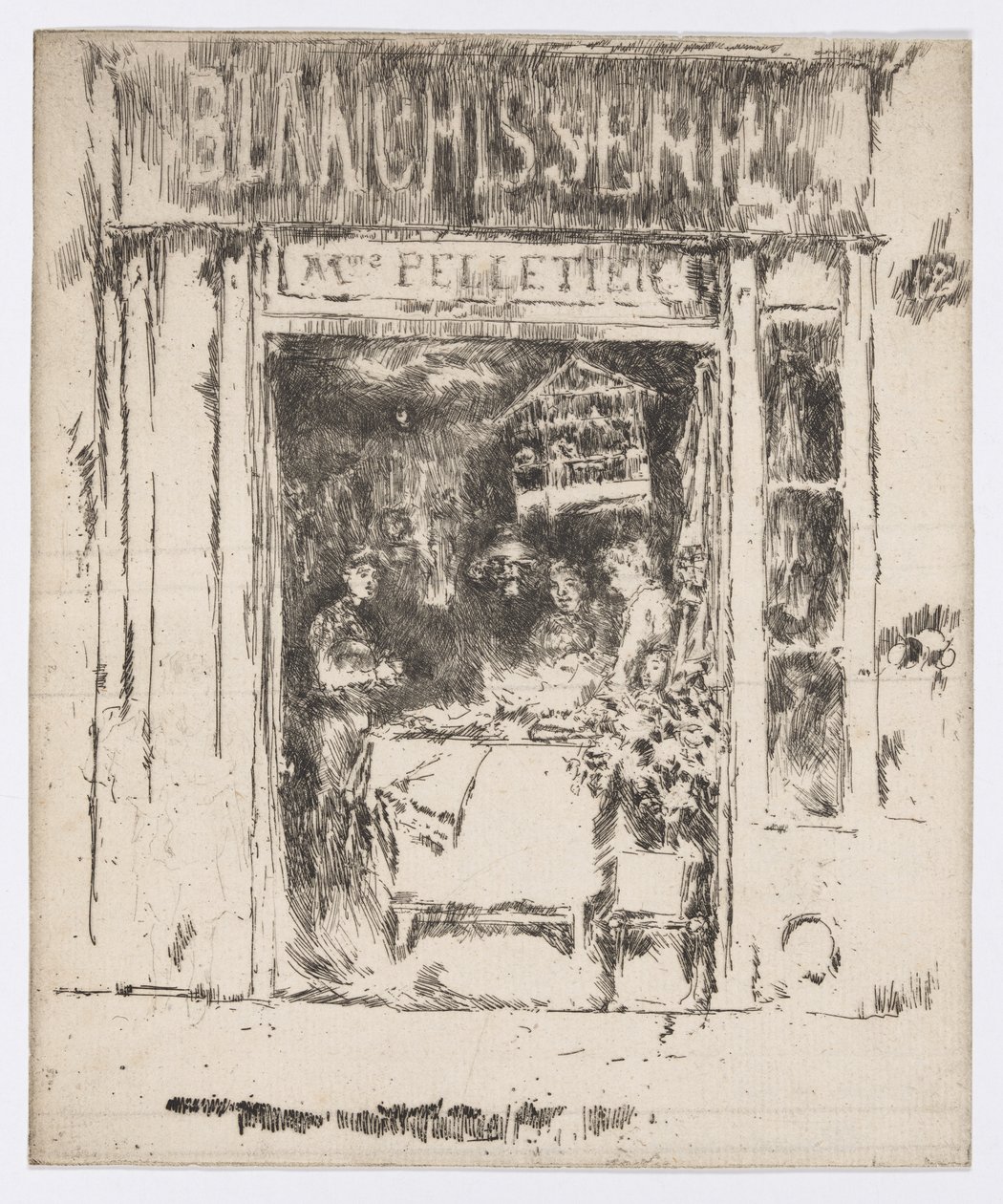 Mme Pelletier, Blanchisserie, Paryż, ok. 1892-93 (akwaforta; tusz na papierze) autorstwa James Abbott McNeill Whistler