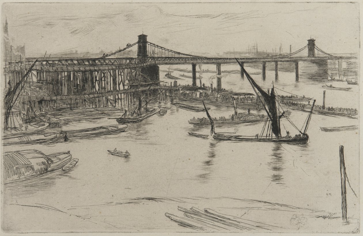 Old Hungerford Bridge, 1861 (akwaforta na papierze) autorstwa James Abbott McNeill Whistler
