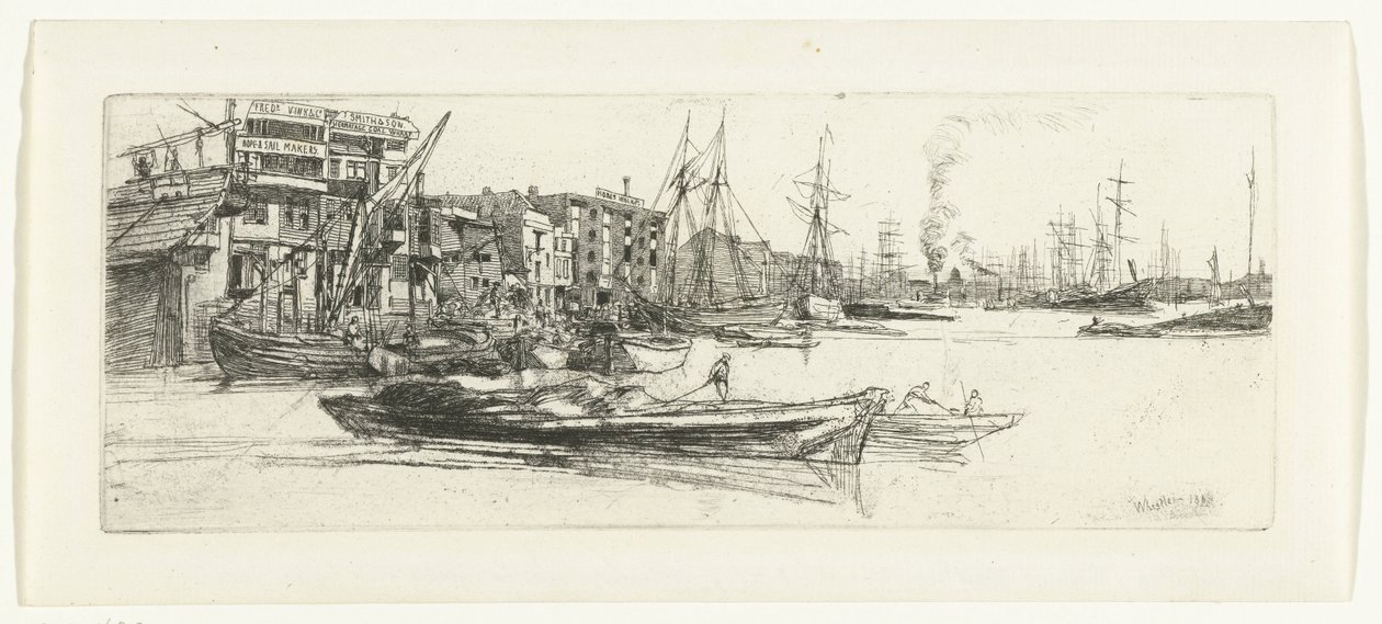 Pakhuizen aan de Theems Magazyny Tamizy Szesnaście rycin przedstawiających sceny nad Tamizą i inne tematy (tytuł serii) autorstwa James Abbott McNeill Whistler