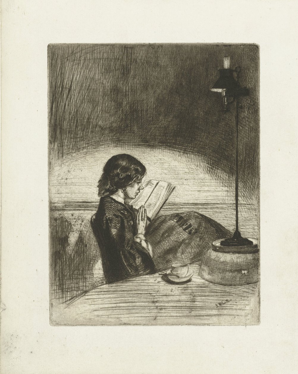 Portret czytającej Deborah Delano Czytanie przy świetle lampy autorstwa James Abbott McNeill Whistler
