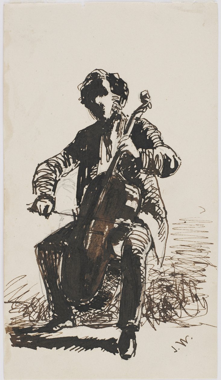 Sir Seymour Haden grający na wiolonczeli, ok. 1855 (ołówek, długopis i atrament na beżowym papierze) autorstwa James Abbott McNeill Whistler