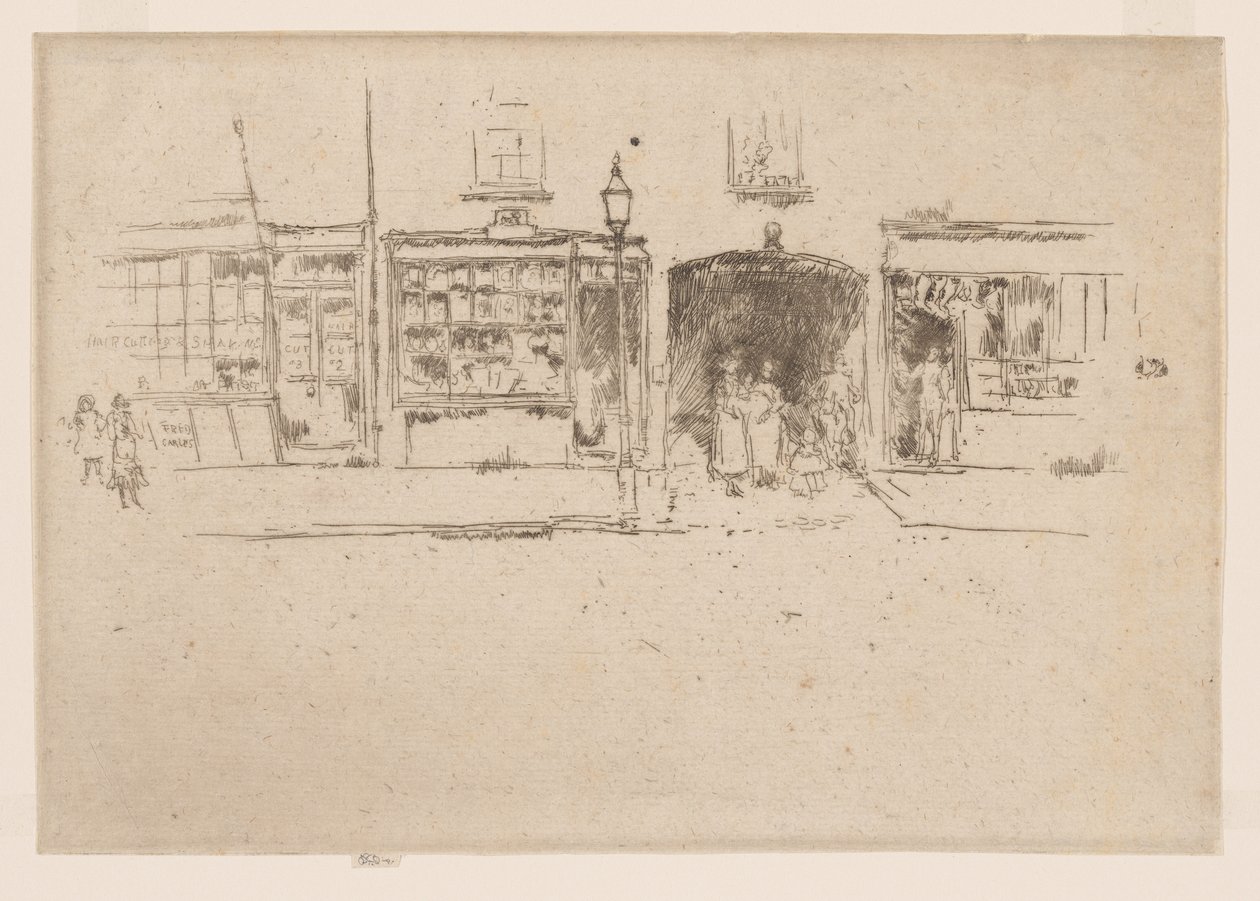 Zakład fryzjerski, Chelsea, ok. 1886-88 (akwaforta; tusz na papierze) autorstwa James Abbott McNeill Whistler