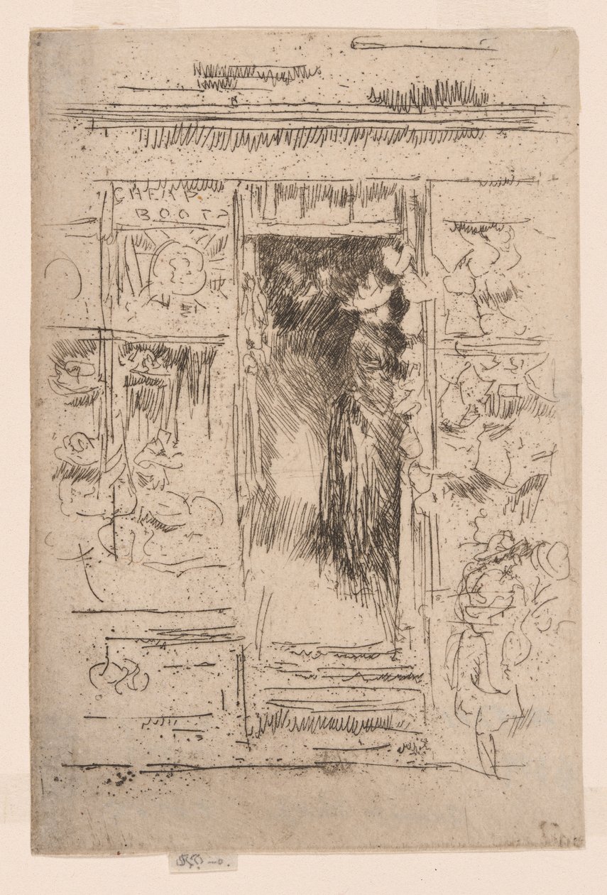 Sklep z czepkami, ok. 1884-86 (akwaforta; tusz na papierze) autorstwa James Abbott McNeill Whistler