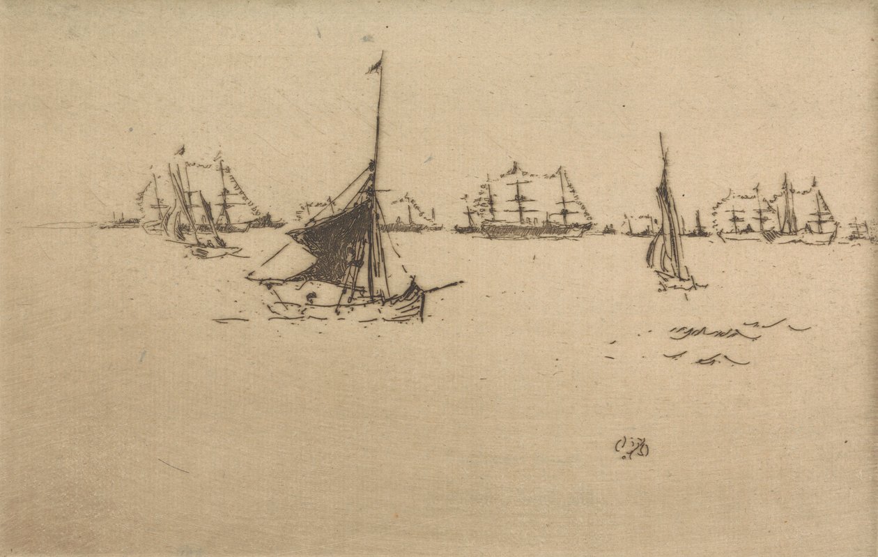 Flota: Wieczór, z zestawu dwunastu rycin zatytułowanych The Naval Review, 1887 autorstwa James Abbott McNeill Whistler
