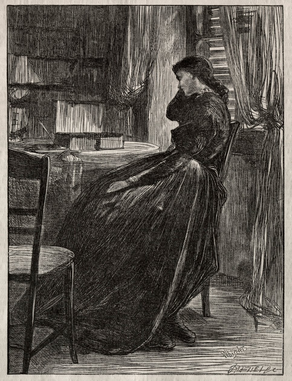 Kazanie procesowe: Joanna Douglas przy swoim biurku, 1862. autorstwa James Abbott McNeill Whistler