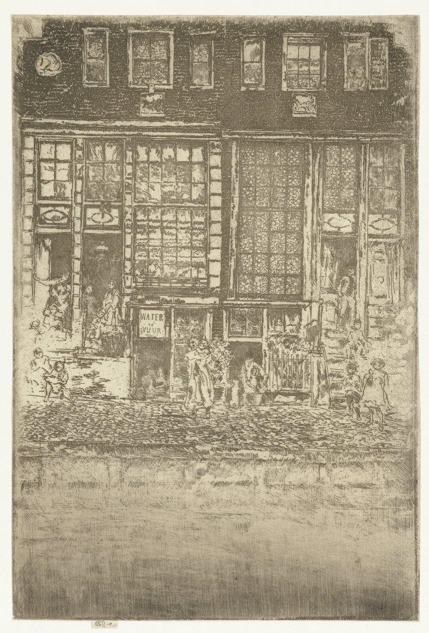 Dwa domy nad kanałem w Amsterdamie Haftowana zasłona autorstwa James Abbott McNeill Whistler