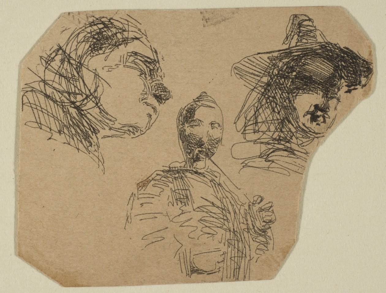 Dwie kobiece głowy i stojąca postać ze szkiców na płycie badawczej wybrzeża, 1854-55. autorstwa James Abbott McNeill Whistler