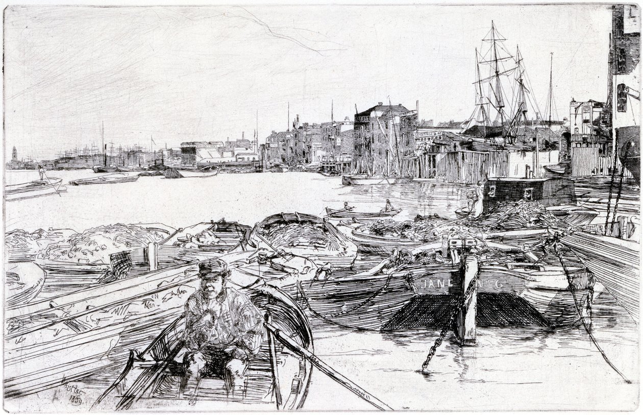 Widok na Tamizę, nad basenem londyńskim (Anglia), w 1859 roku, należy do serii rycin na Tamizie, które podkreślają społeczność pracowników morskich w stolicy Anglii autorstwa James Abbott McNeill Whistler