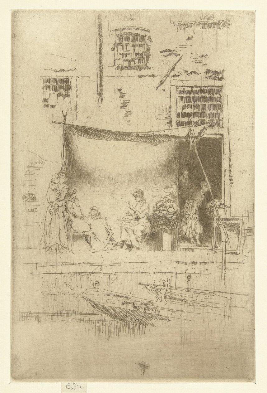 Kobiety pod parasolem na nabrzeżu Stoisko z owocami Zestaw dwudziestu sześciu akwafort (tytuł serii) autorstwa James Abbott McNeill Whistler