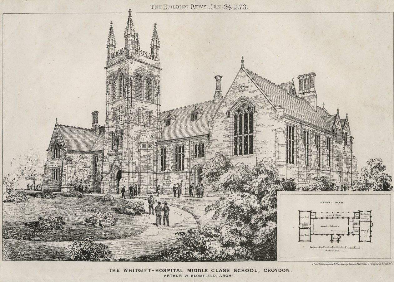 Szkoła średnia szpitala Whitgift, Croydon, 1873 r. autorstwa James Akerman