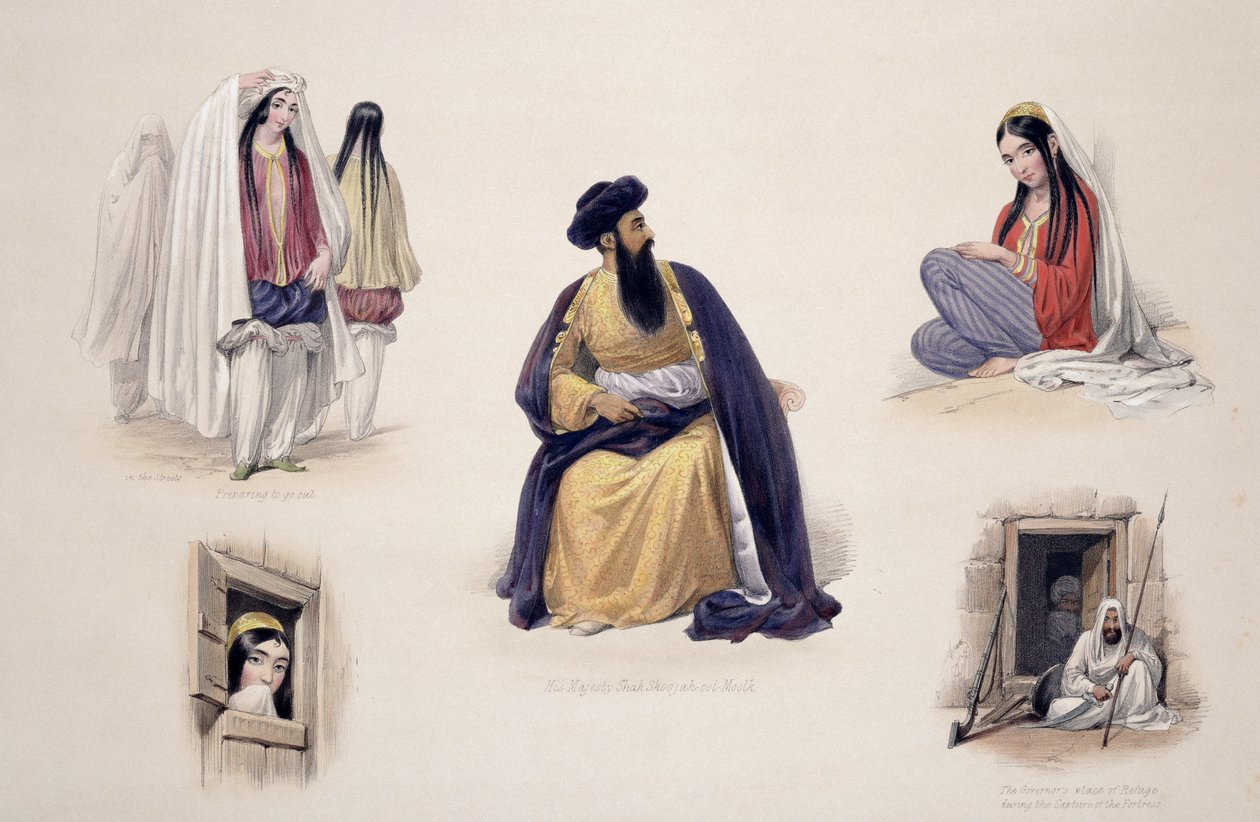 Portret Jego Królewskiej Mości Shah-Sooja-Ool-Moolk (1780-1842), ze „Szkiców w Afganistanie”, rytowany przez Charlesa Haghe (1810-88) i Louisa Haghe (1806-85), opublikowany przez Henry