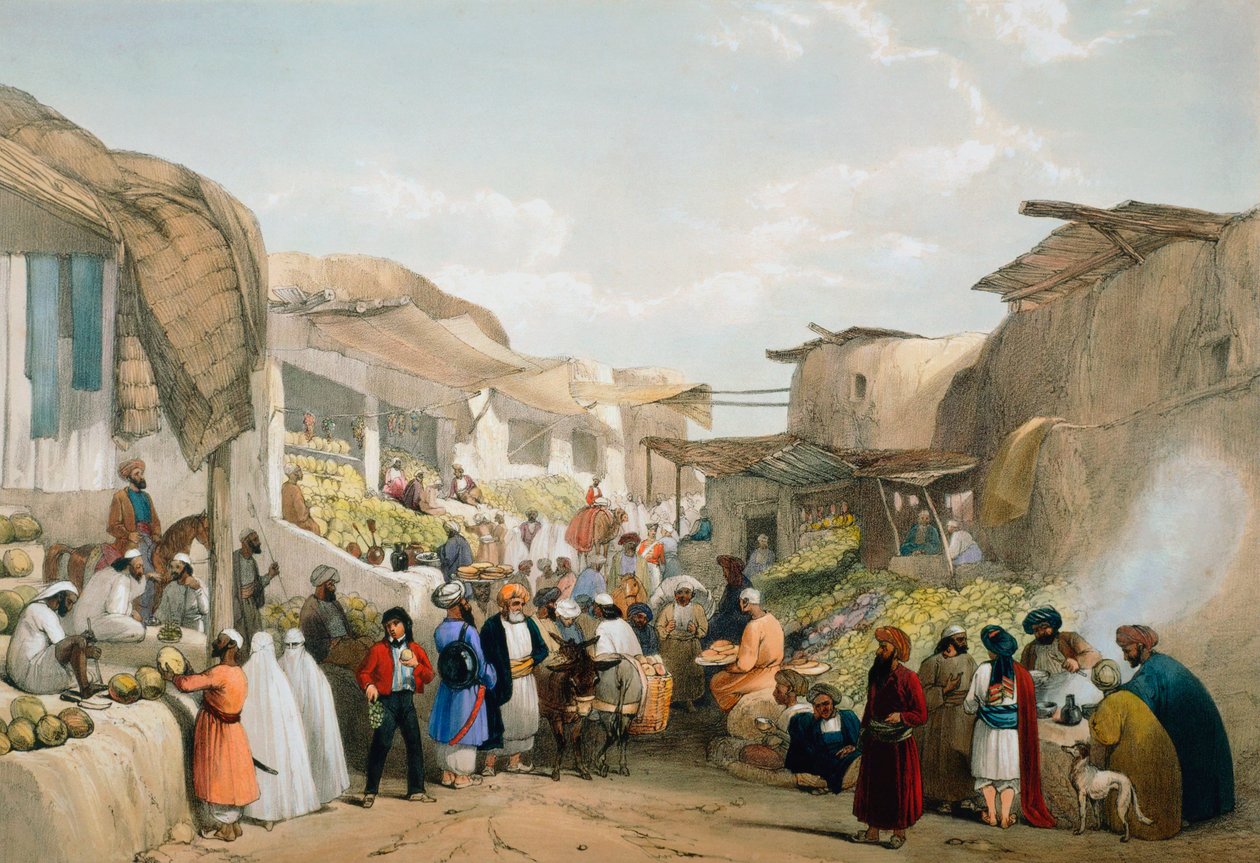 Bazar w Kabulu w sezonie owocowym, pierwsza wojna anglo-afgańska, 1838-1842 autorstwa James Atkinson