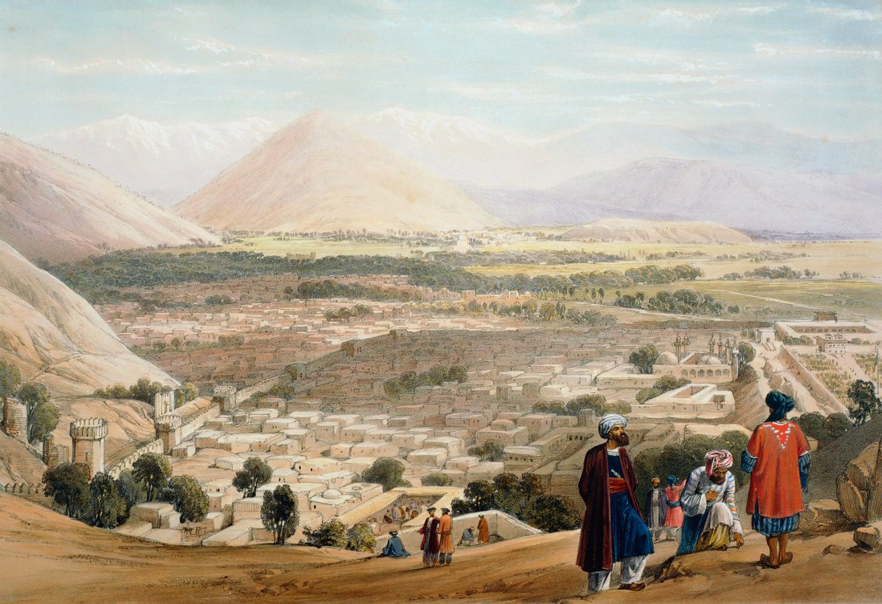 Kabul z Cytadeli, ukazujący stare otoczone murami miasto, pierwsza wojna anglo-afgańska 1838-1842 autorstwa James Atkinson