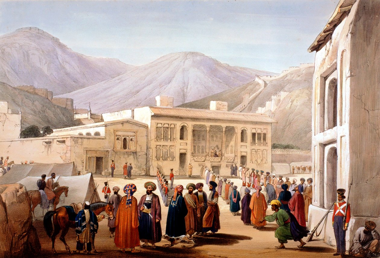 Shah Shoja, marionetka Brytyjczyków, trzymająca durbar w Kabulu, pierwsza wojna anglo-afgańska, 1838-1842 autorstwa James Atkinson