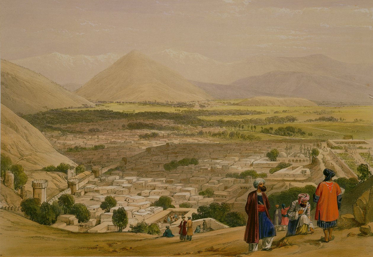 Balla Hissar i miasto Caubul, z górnej części cytadeli, ze „Szkiców w Afganistanie”, rytowane przez Charlesa Haghe (1810-88) i Louisa Haghe (1806-85) wydane przez Henry