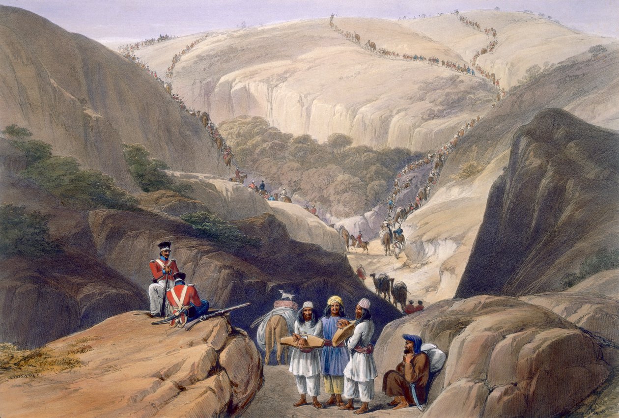 The First Descent Through the Koojah Pass, z "Sketches in Afghaunistan", rytowane przez Charles Haghe (1810-88) i Louis Haghe (1806-85) opublikowane przez Henry Graves, 1842 autorstwa James Atkinson