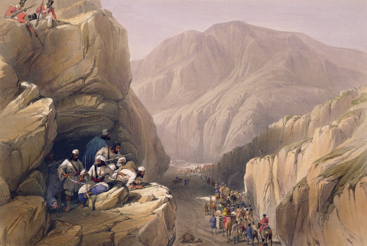 Dzika przełęcz Siri-Khajoor, ze „Szkiców w Afganistanie”, grawerowana przez Charlesa Haghe (1810-88) i Louisa Haghe (1806-85), opublikowana przez Henry