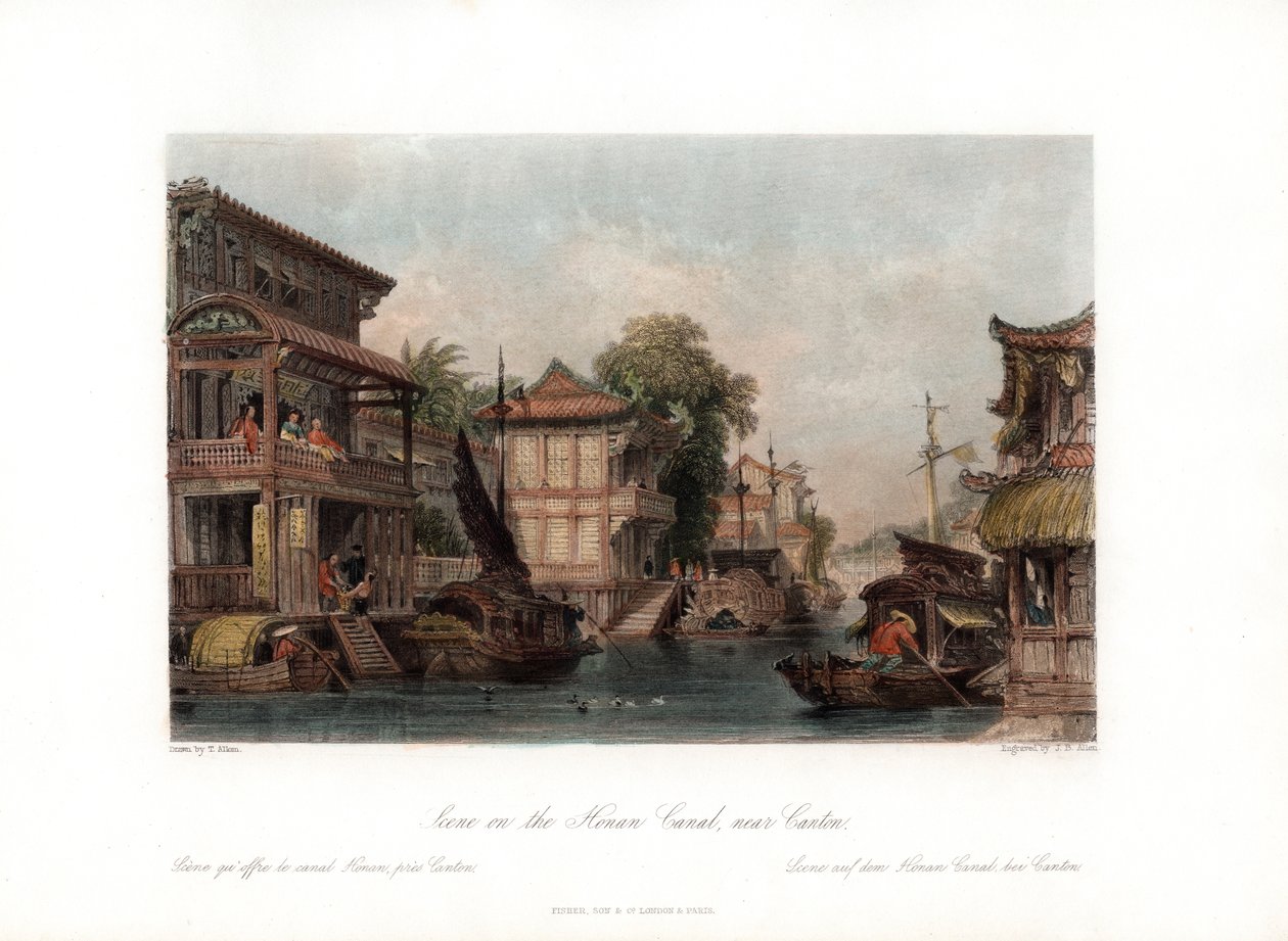 Scena nad kanałem Honan, niedaleko Kantonu, Chiny, ok. 1840 r. autorstwa James B. Allen