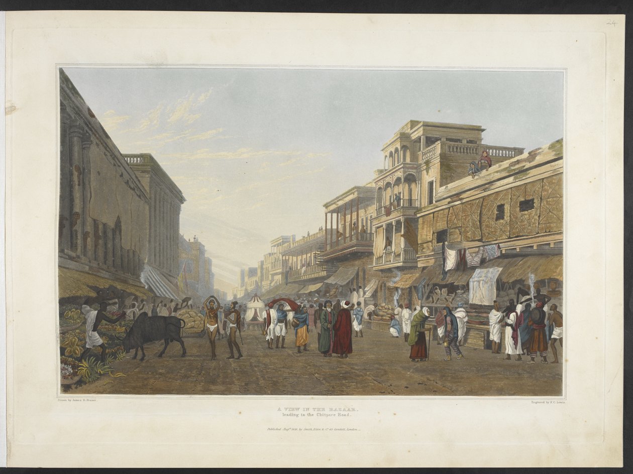 Widok na Bazar, prowadzący do Chitpore Road, z „Widoków Kalkuty i okolic”1826 (akwatinta ręcznie kolorowana) autorstwa James Baillie (after) Fraser