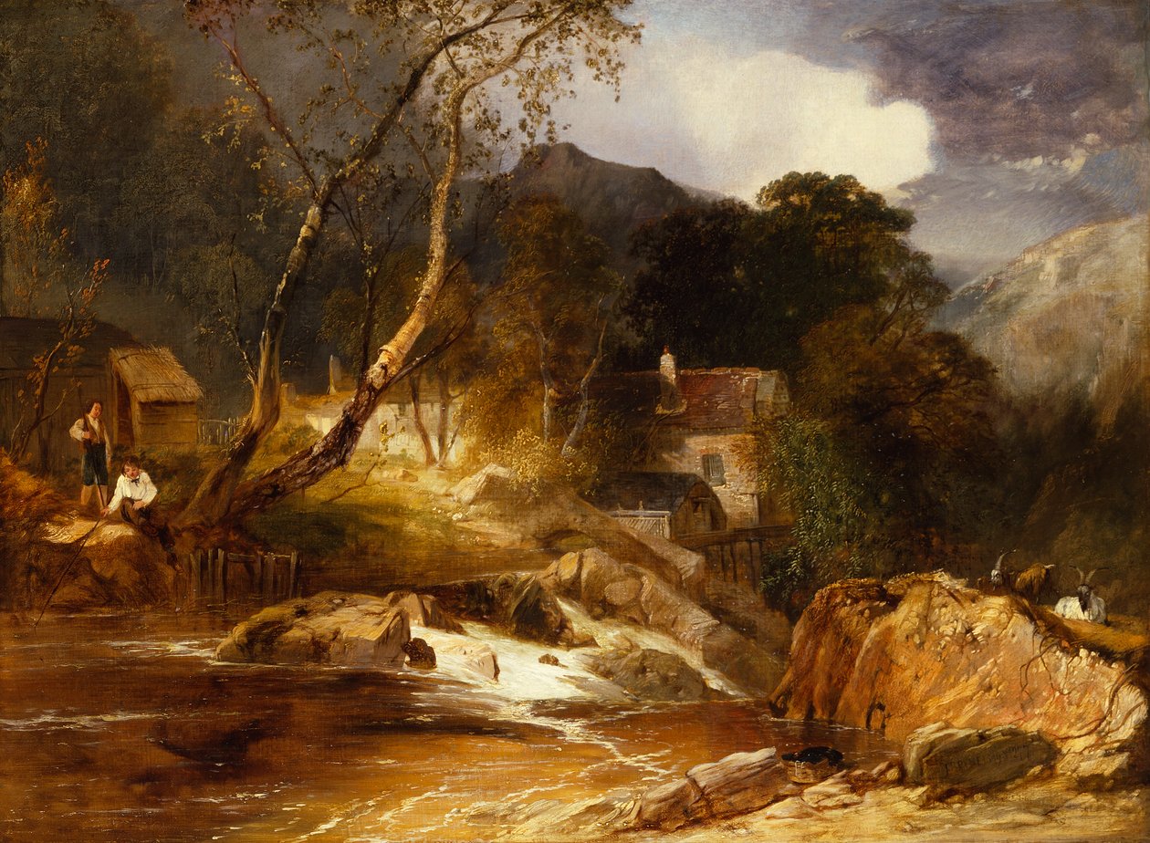 Chłopcy łowią ryby przy młynie autorstwa James Baker Pyne