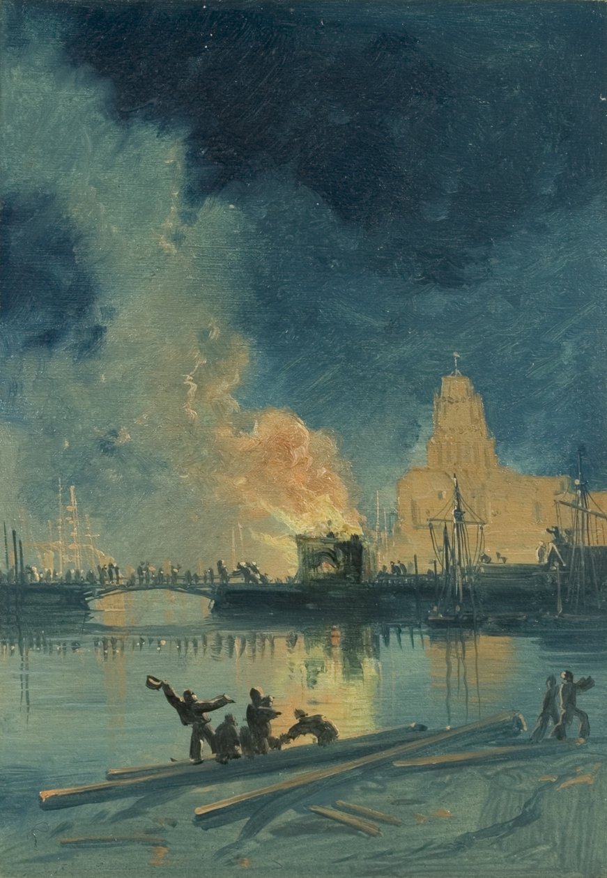 Bristol Riots: Burning Toll House na Prince Street Bridge, ok. 1832 (olej na papierze) autorstwa James Baker Pyne
