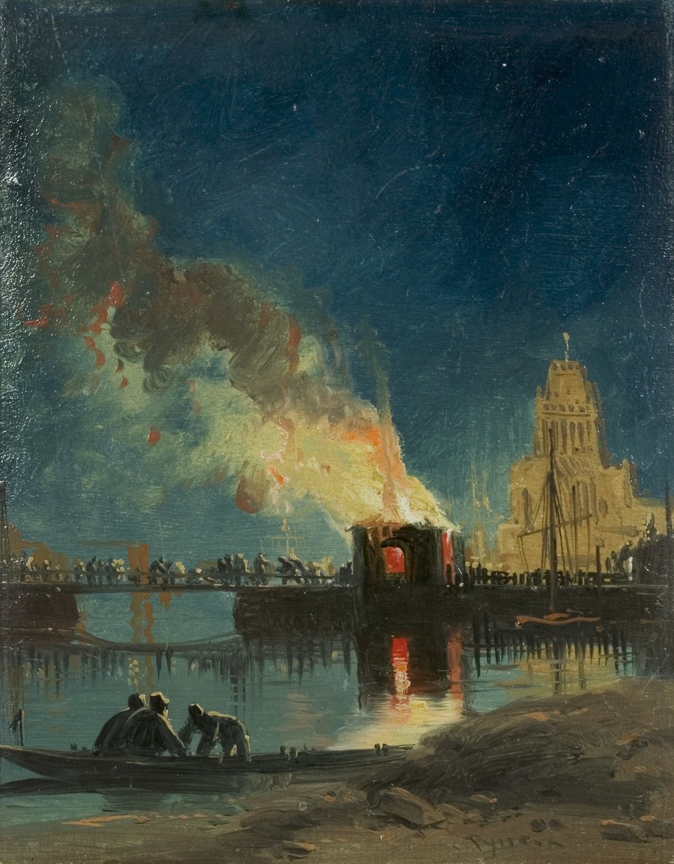 Bristol Riots: The Burning of the Toll Houses, Prince Street Bridge, ok. 1831 (olej na papierze) autorstwa James Baker Pyne